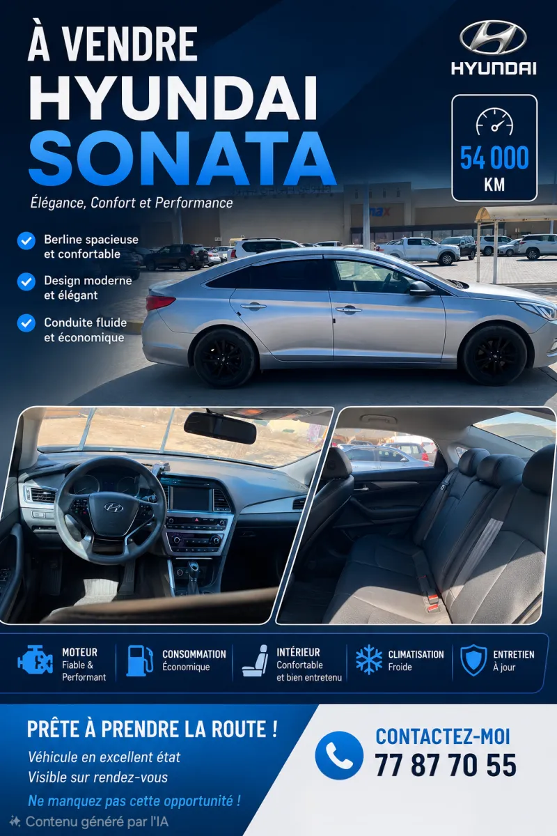 Hyundai Sonata 2016, diesel, intérieur spacieux et bien entretenu à Djibouti listing photo